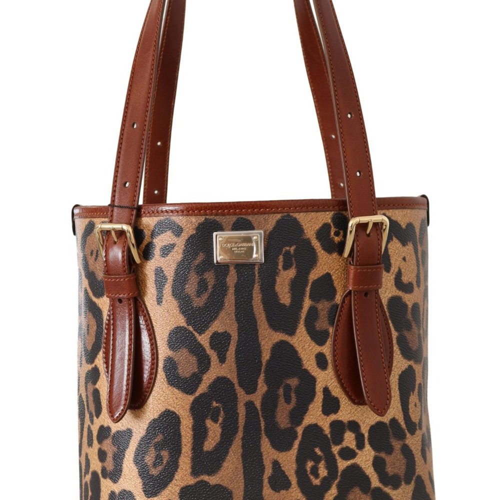 DOLCE & GABBANA Brown Leopard Pattern Shopping Tote Hand Bucket Purse